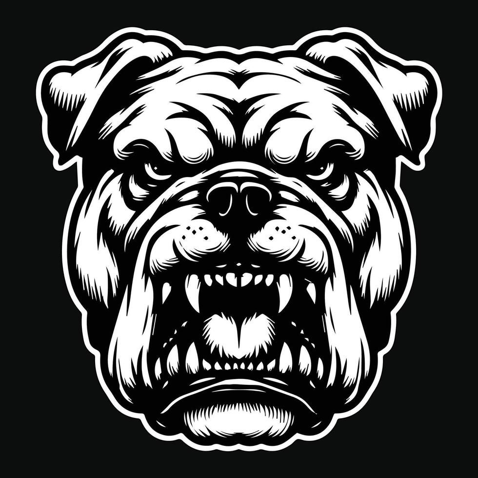 Dark Art Vicious Angry Beast Bulldog Head with Sharp Teeth Black and White Illustration vector