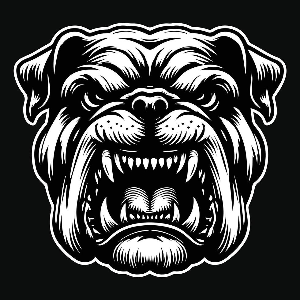 Dark Art Vicious Angry Beast Bulldog Head with Sharp Teeth Black and White Illustration vector