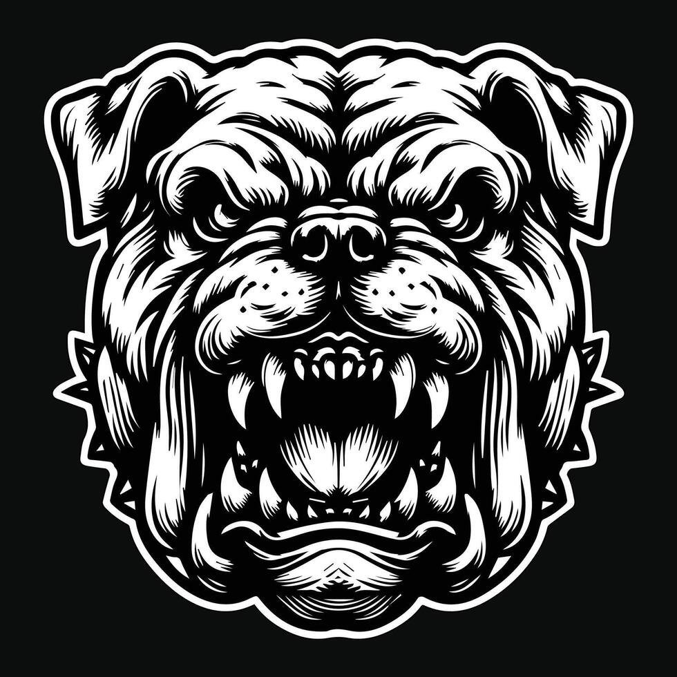 Dark Art Vicious Angry Beast Bulldog Head with Sharp Teeth Black and White Illustration vector