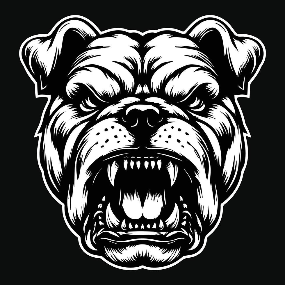 Dark Art Vicious Angry Beast Bulldog Head with Sharp Teeth Black and White Illustration vector
