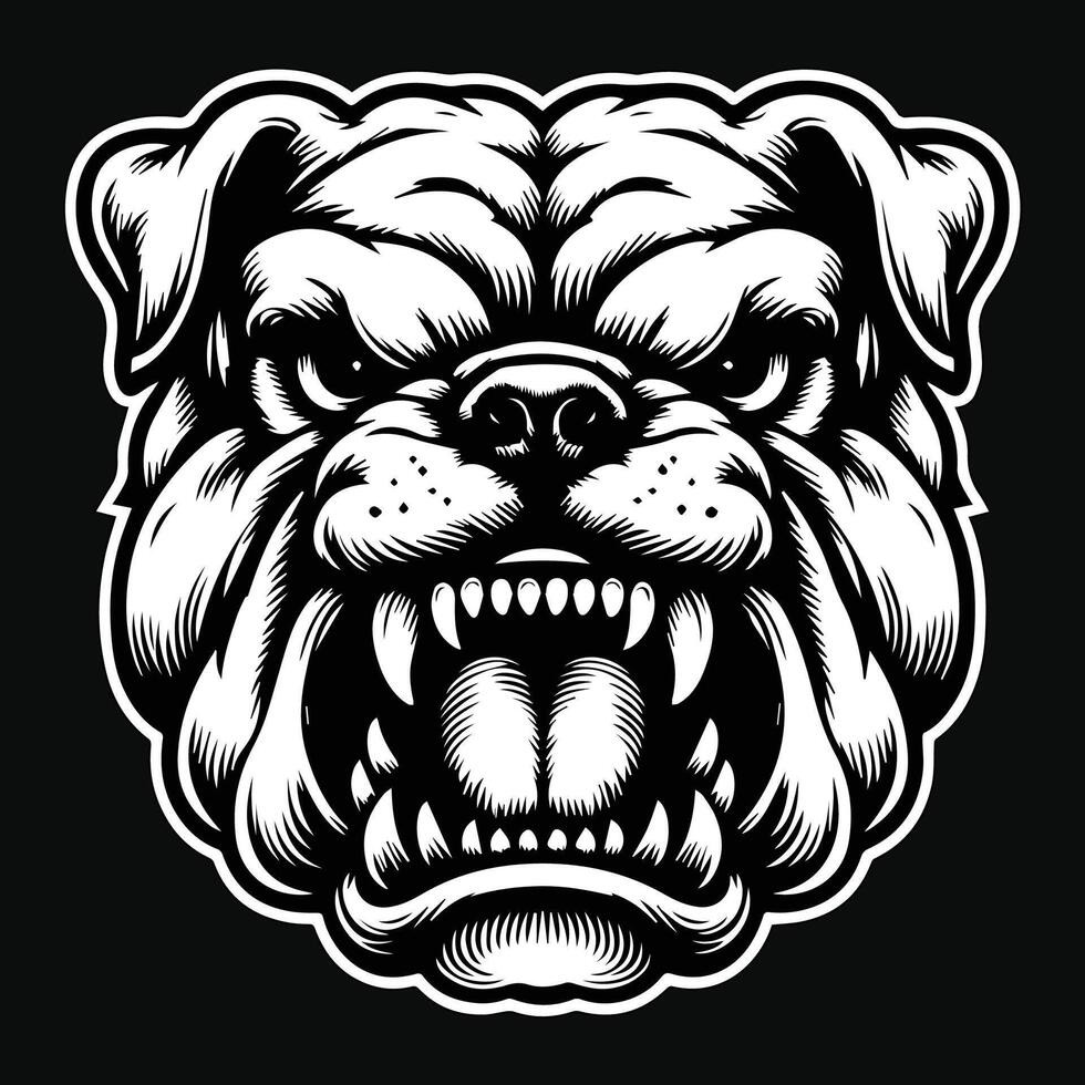 Dark Art Vicious Angry Beast Bulldog Head with Sharp Teeth Black and White Illustration vector