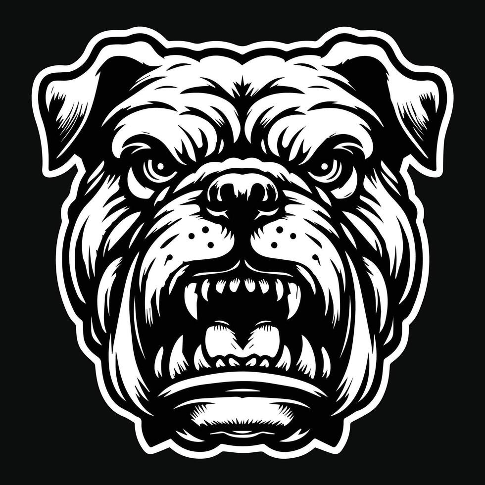 Dark Art Vicious Angry Beast Bulldog Head with Sharp Teeth Black and White Illustration vector