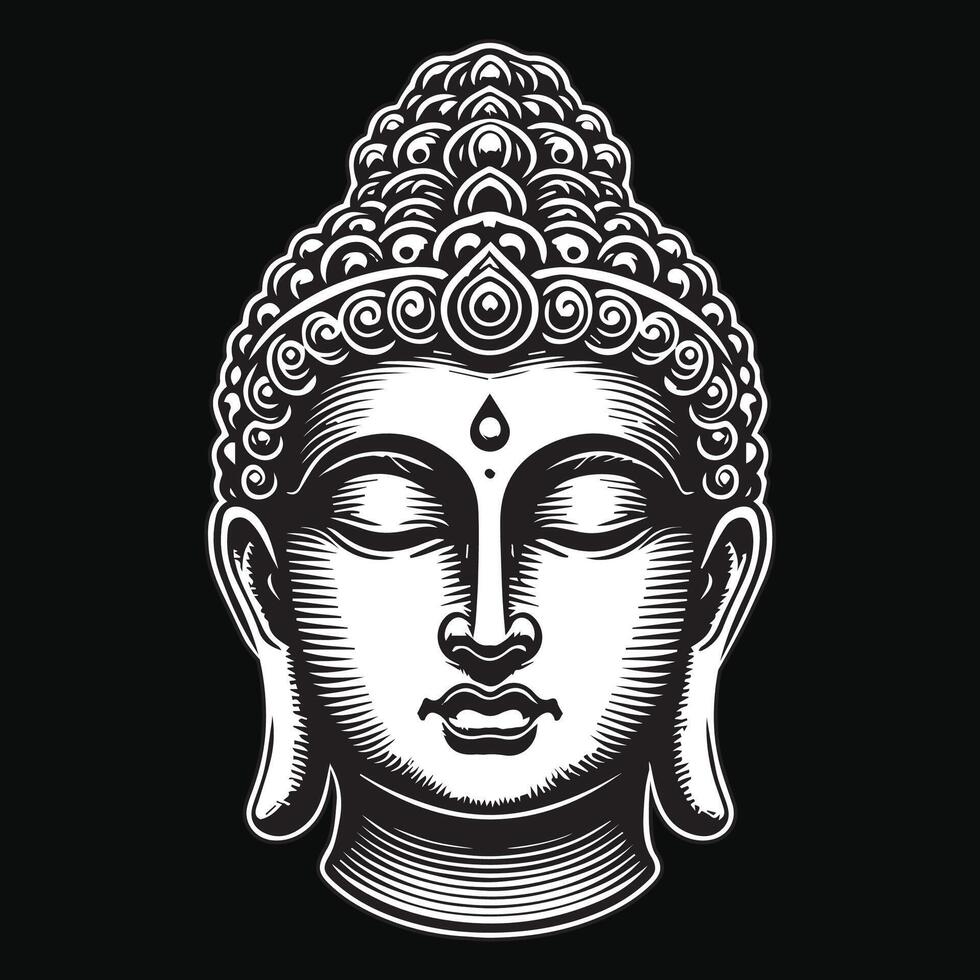 Dark Art Ancient Buddha Statue Head Black and White Illustration vector