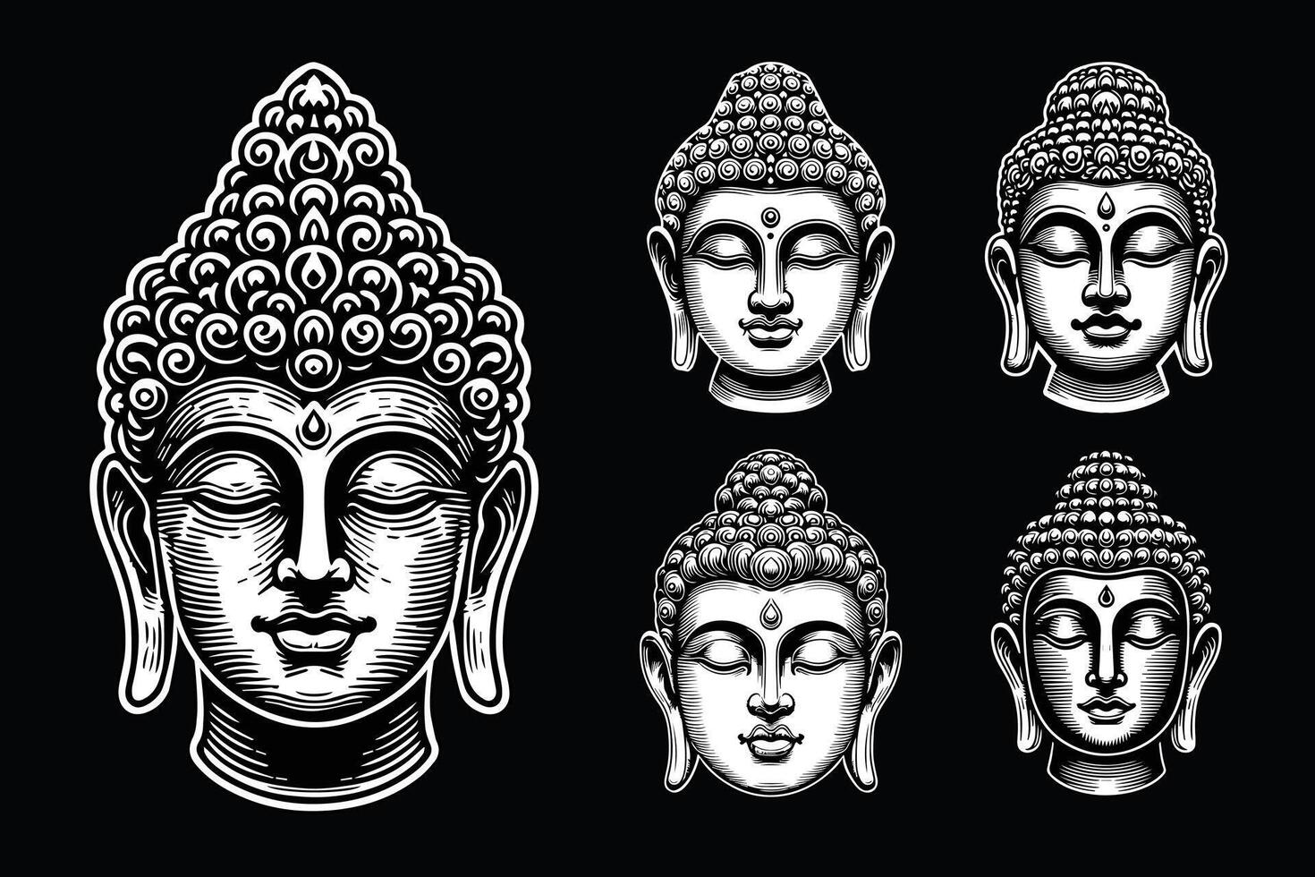Dark Art Ancient Buddha Statue Head Black and White Illustration vector