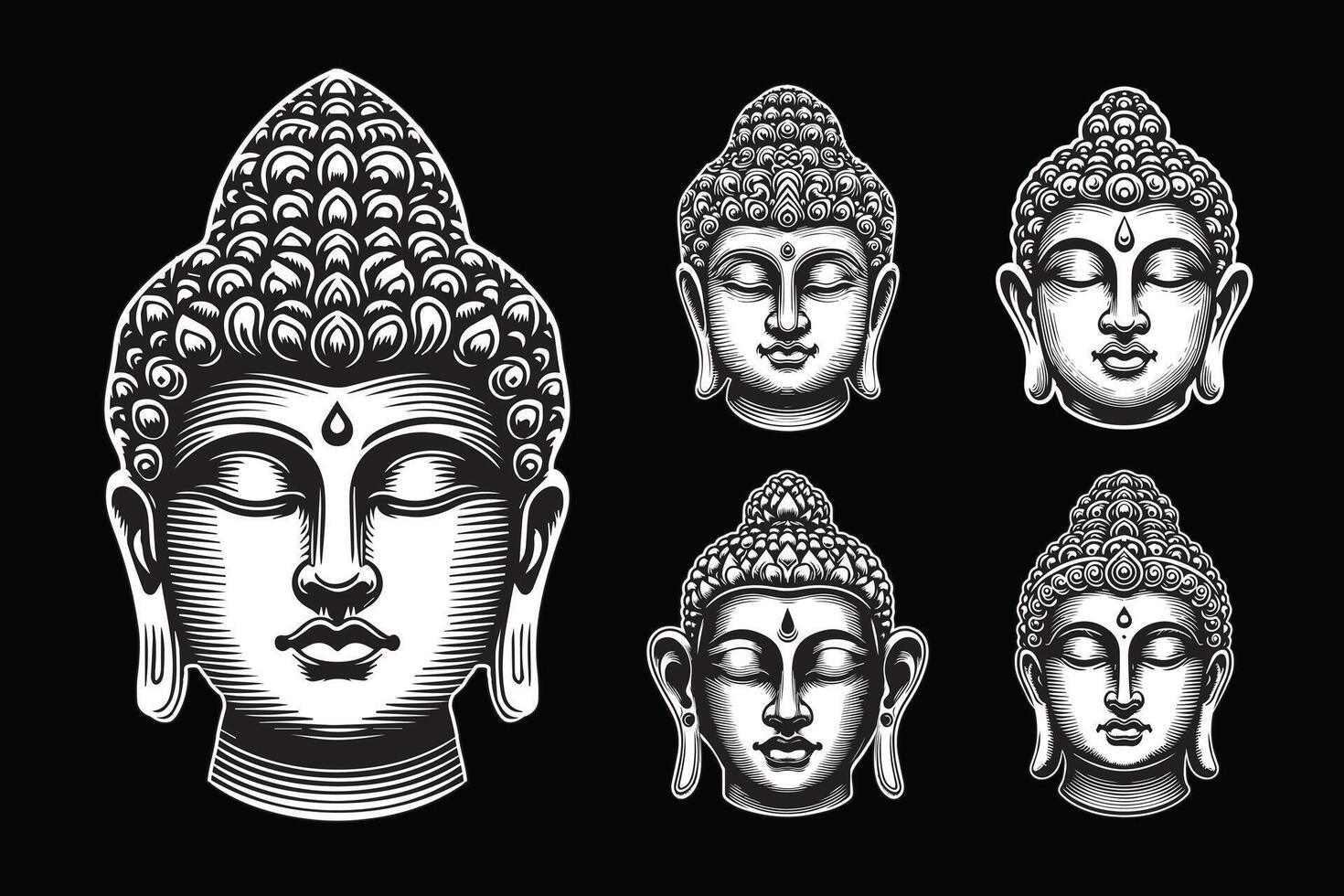 Dark Art Ancient Buddha Statue Head Black and White Illustration vector
