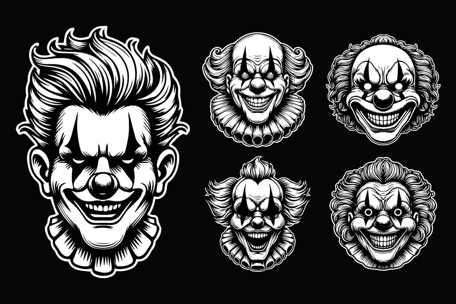 Dark Art Scary Smile Clown Head Black and White Illustration vector