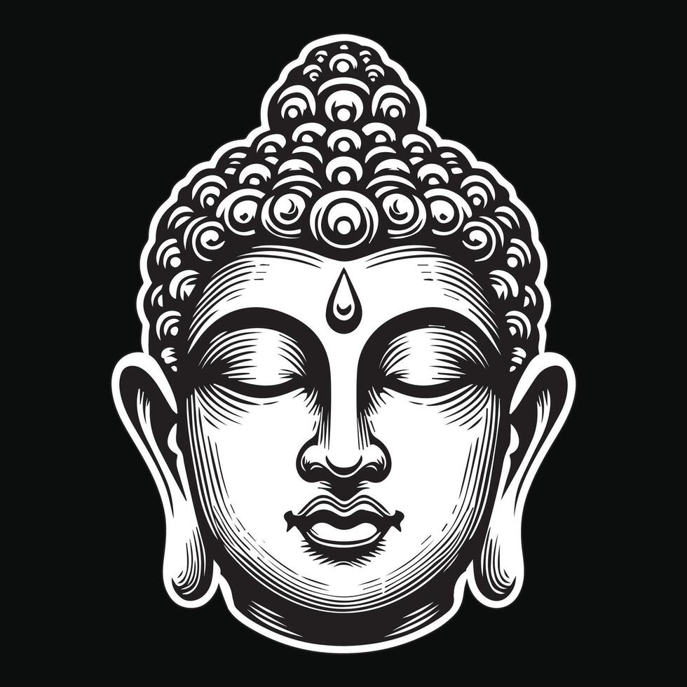 Dark Art Ancient Buddha Statue Head Black and White Illustration vector
