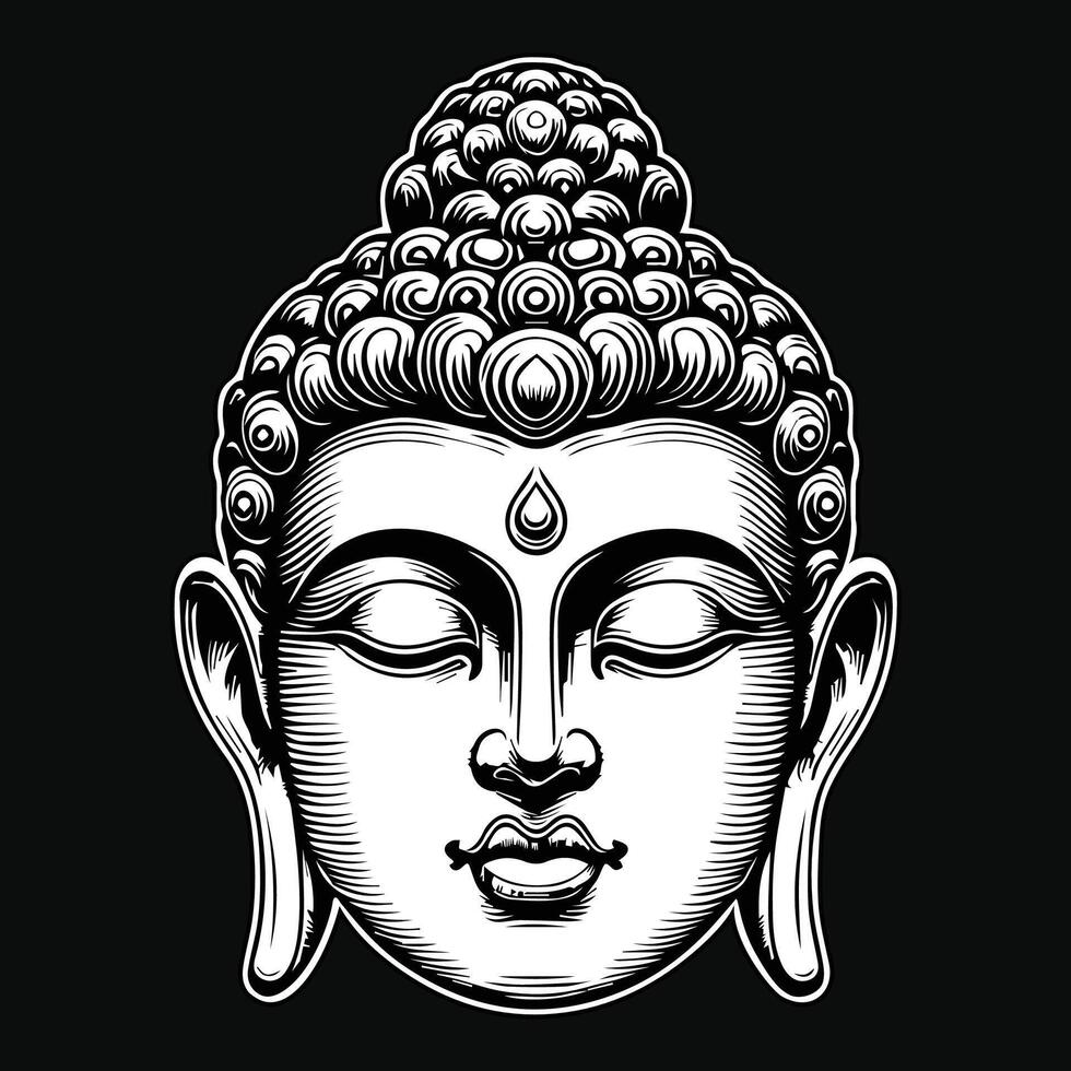 Dark Art Ancient Buddha Statue Head Black and White Illustration vector