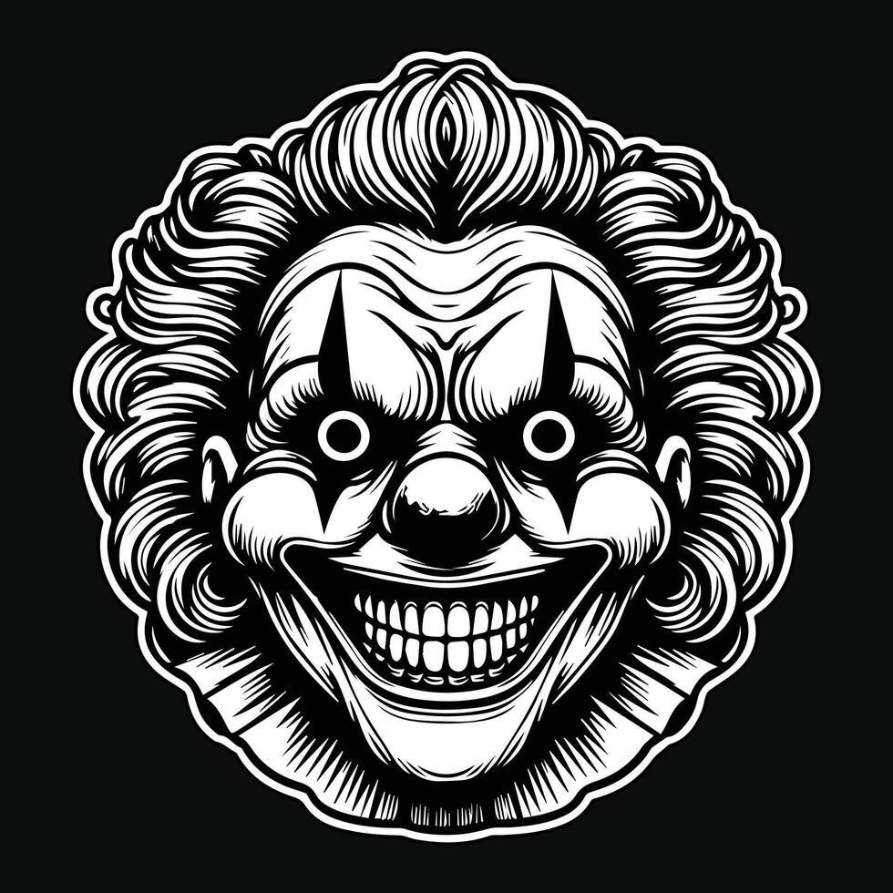 Dark Art Scary Smile Clown Head Black and White Illustration vector