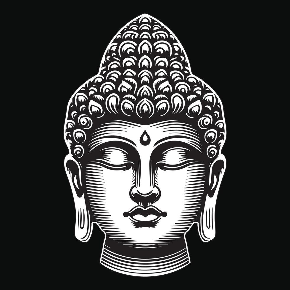 Dark Art Ancient Buddha Statue Head Black and White Illustration vector