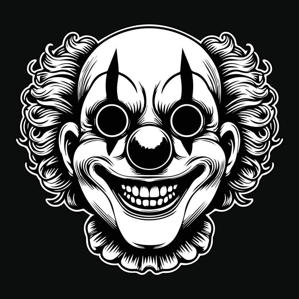 Dark Art Scary Smile Clown Head Black and White Illustration vector