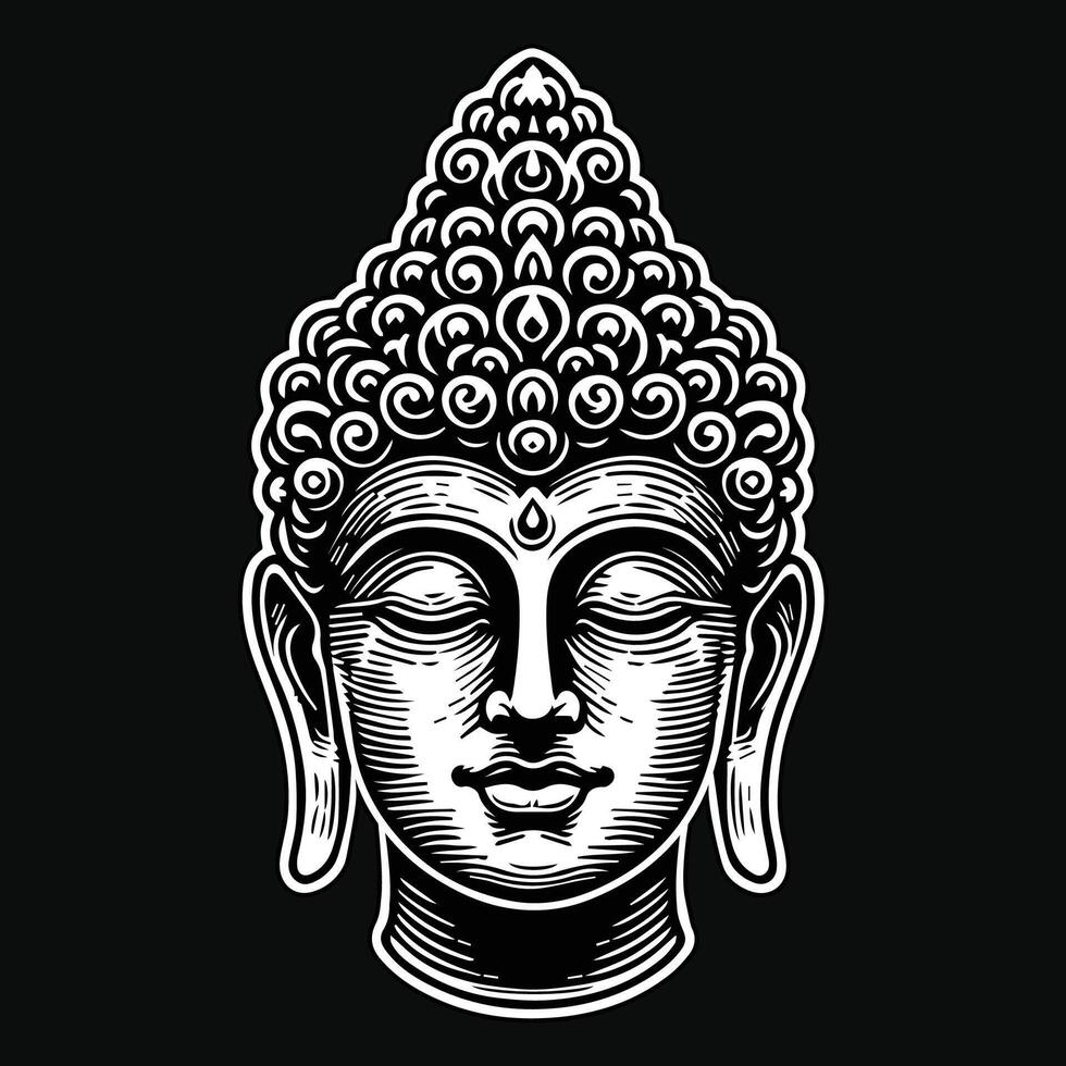Dark Art Ancient Buddha Statue Head Black and White Illustration vector
