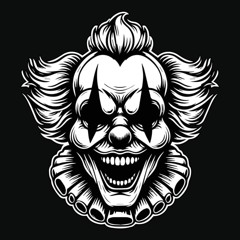 Dark Art Scary Smile Clown Head Black and White Illustration vector