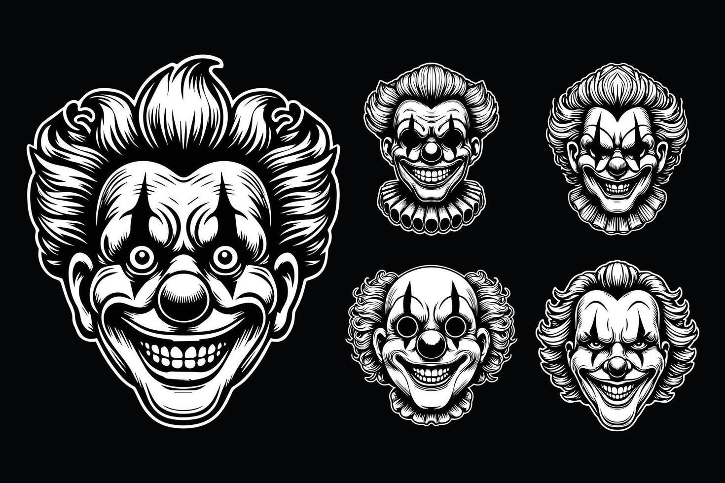 Dark Art Scary Smile Clown Head Black and White Illustration vector