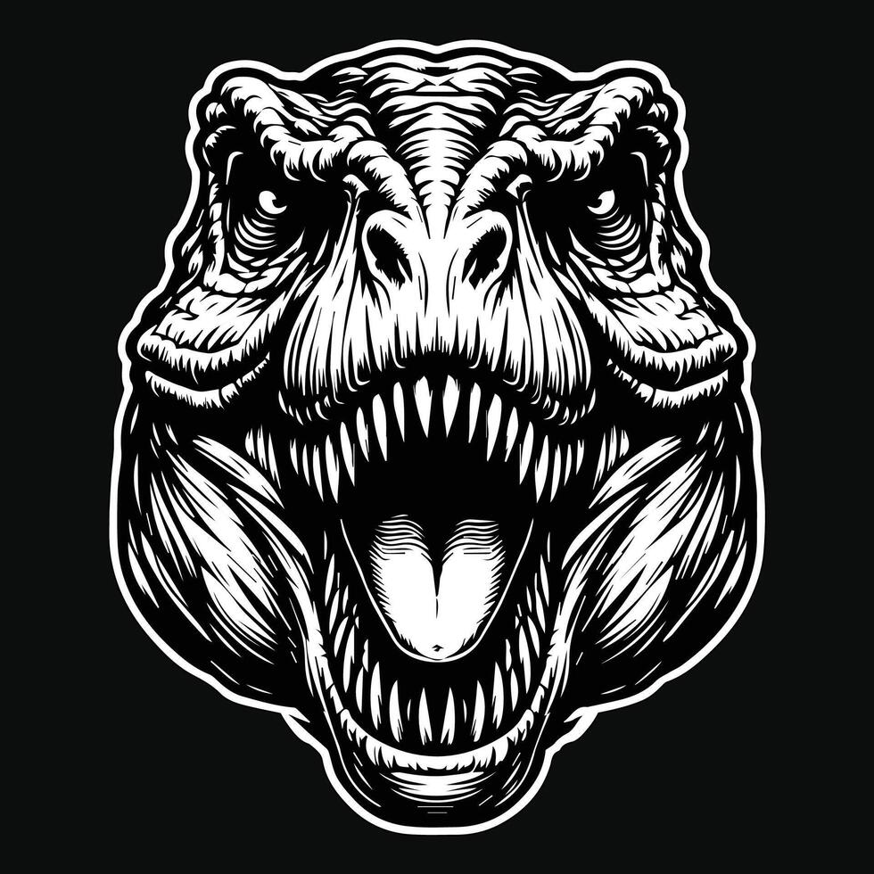 Dark Art Scary Angry Beast Tyrannosaurus Rex Head with Sharp Fang Black and White Illustration vector
