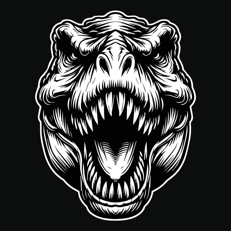 Dark Art Scary Angry Beast Tyrannosaurus Rex Head with Sharp Fang Black and White Illustration vector
