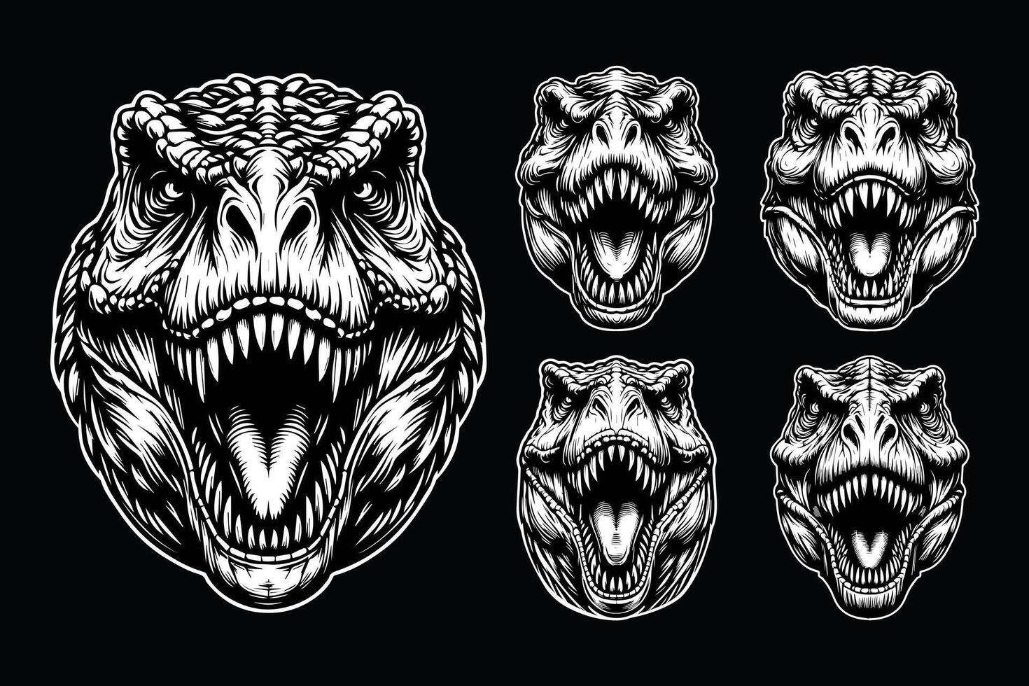 Dark Art Scary Angry Beast Tyrannosaurus Rex Head with Sharp Fang Black and White Illustration vector