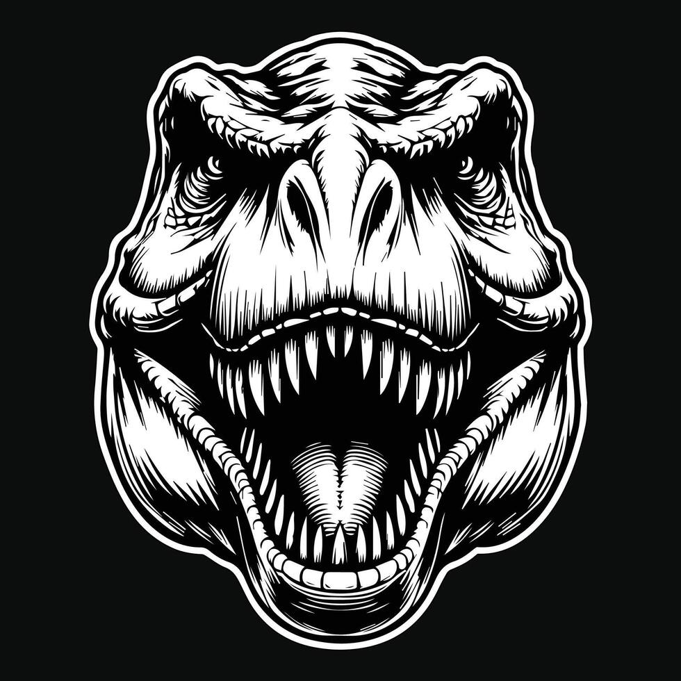 Dark Art Scary Angry Beast Tyrannosaurus Rex Head with Sharp Fang Black and White Illustration vector