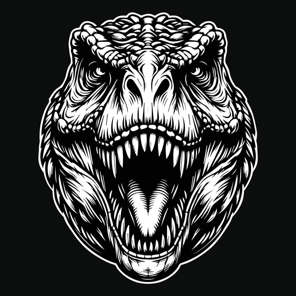 Dark Art Scary Angry Beast Tyrannosaurus Rex Head with Sharp Fang Black and White Illustration vector