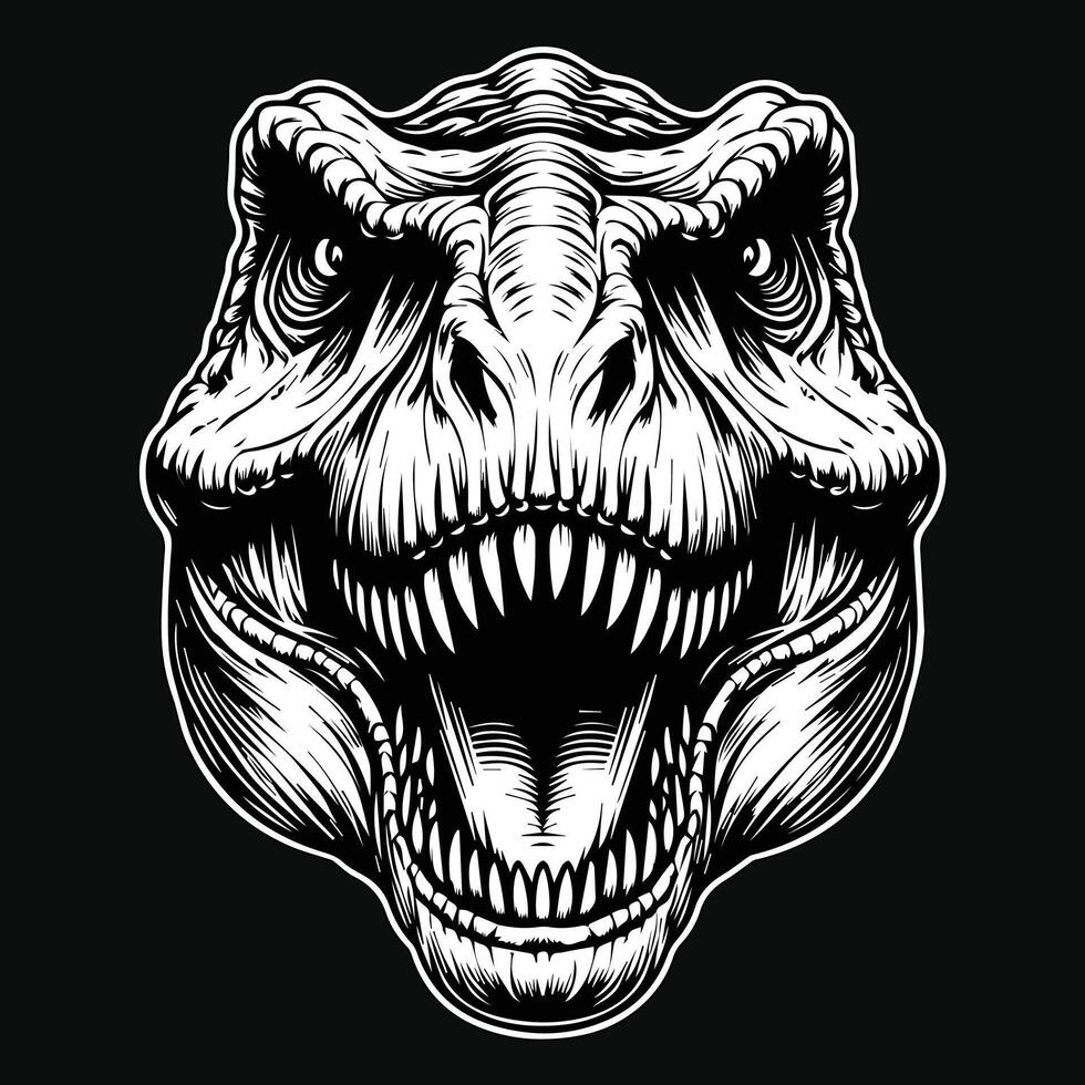 Dark Art Scary Angry Beast Tyrannosaurus Rex Head with Sharp Fang Black and White Illustration vector