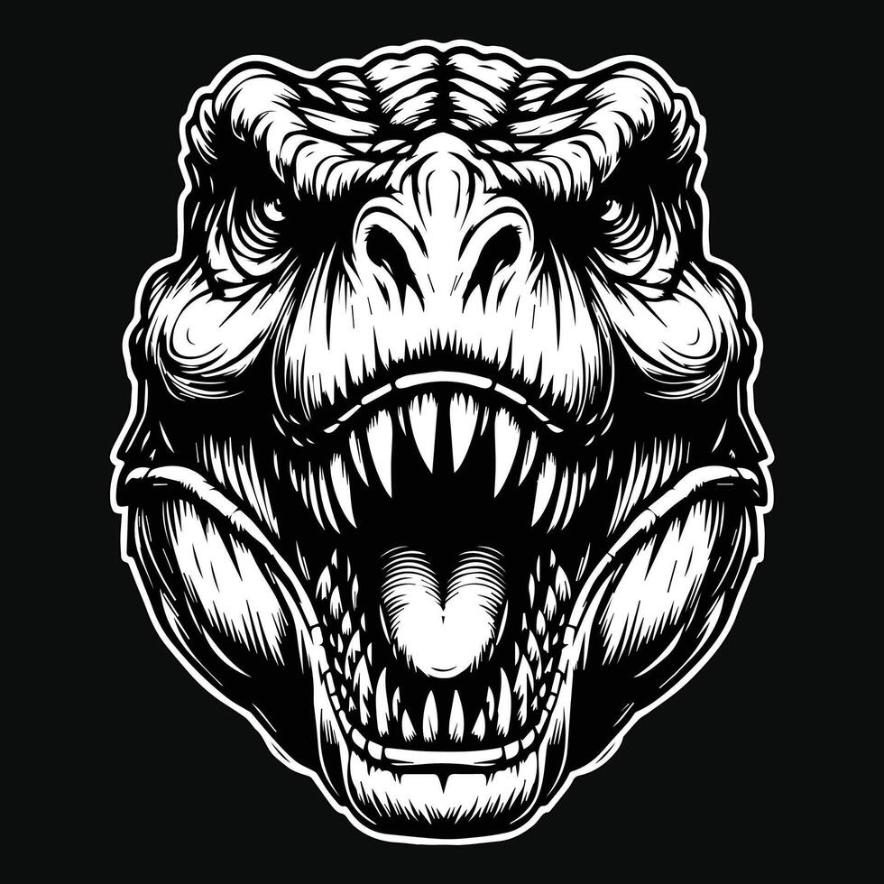 Dark Art Scary Angry Beast Tyrannosaurus Rex Head with Sharp Fang Black and White Illustration vector