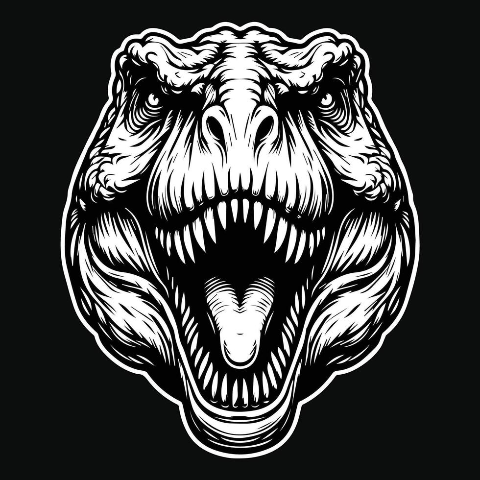 Dark Art Scary Angry Beast Tyrannosaurus Rex Head with Sharp Fang Black and White Illustration vector