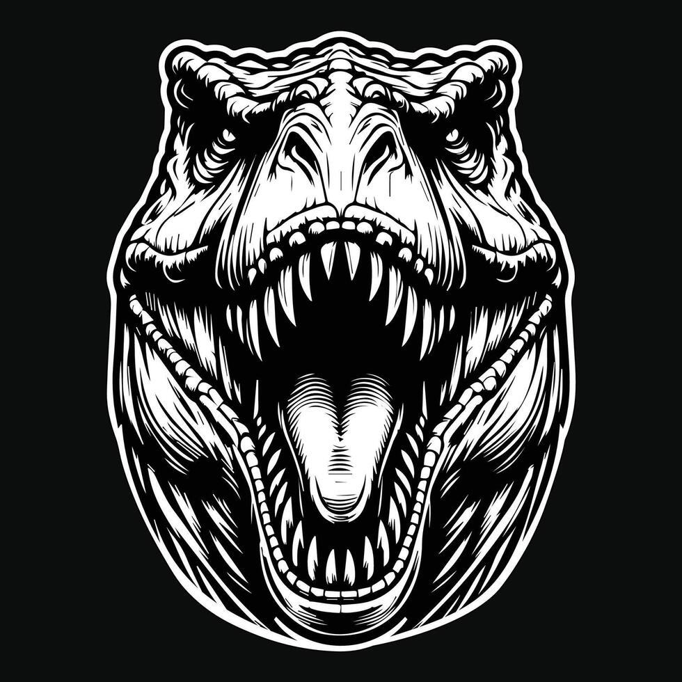 Dark Art Scary Angry Beast Tyrannosaurus Rex Head with Sharp Fang Black and White Illustration vector