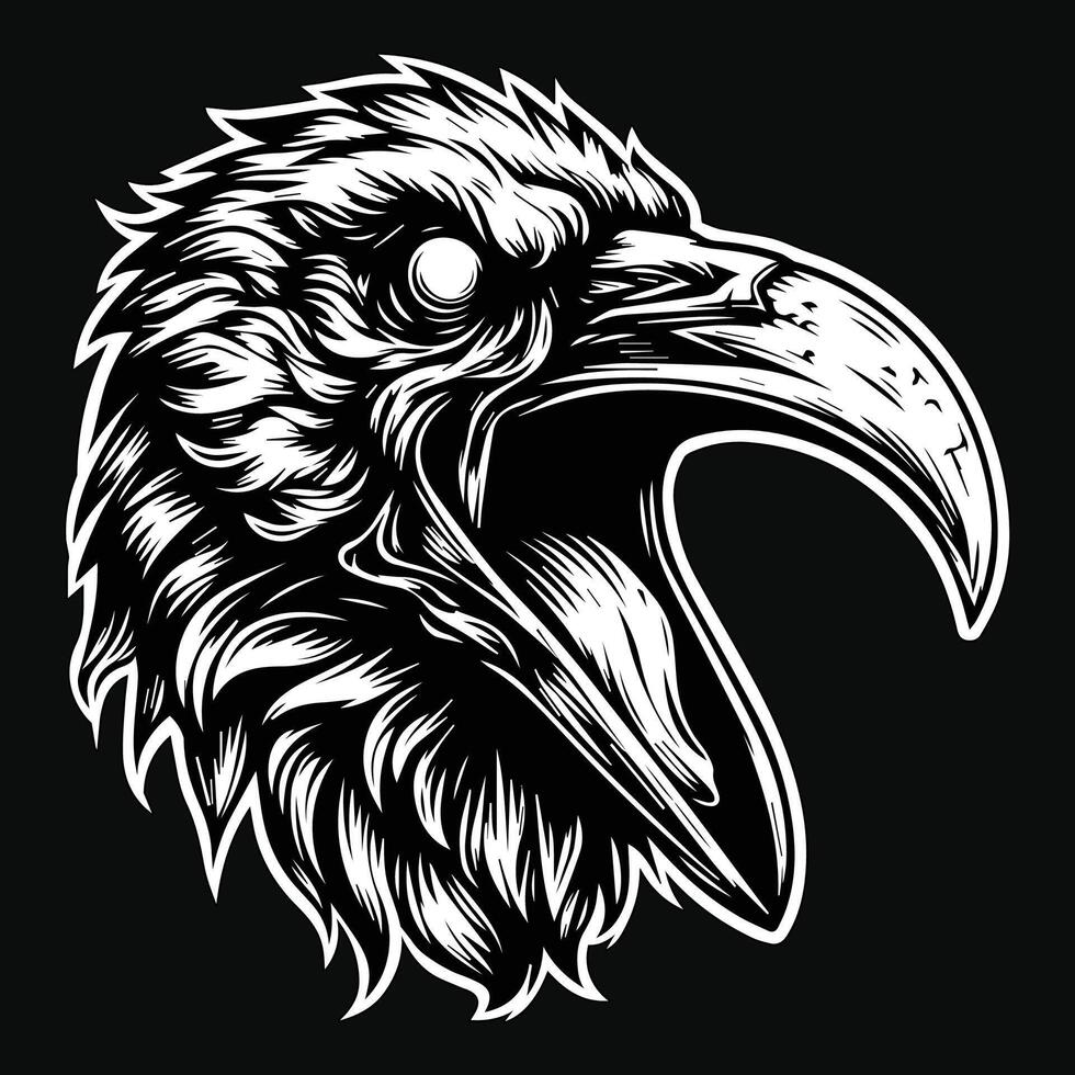 Dark Art Scary Angry Crow Head with Sharp Beak Black and White Illustration vector