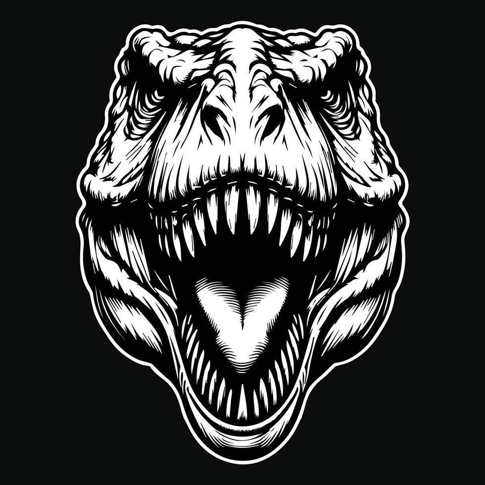 Dark Art Scary Angry Beast Tyrannosaurus Rex Head with Sharp Fang Black and White Illustration vector