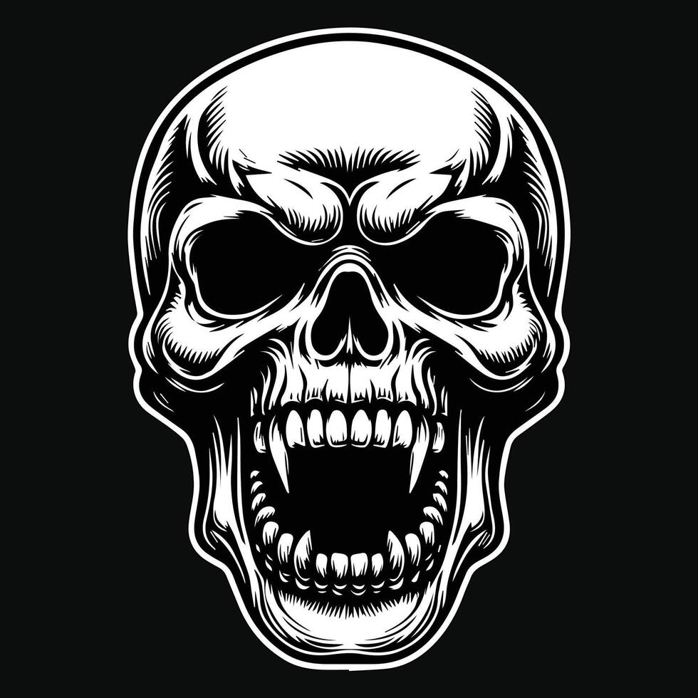 Dark Art Devil Angry Fang Skull Head Black and White Illustration vector