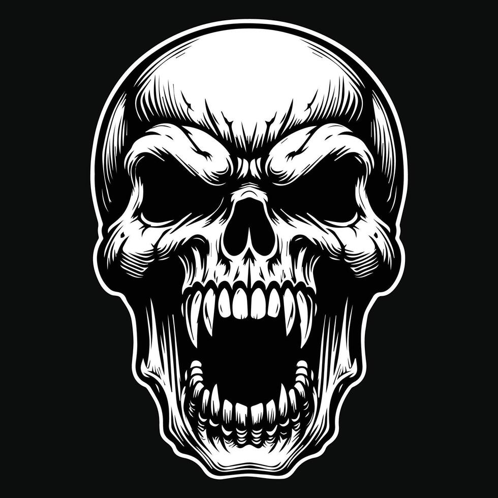 Dark Art Devil Angry Fang Skull Head Black and White Illustration vector