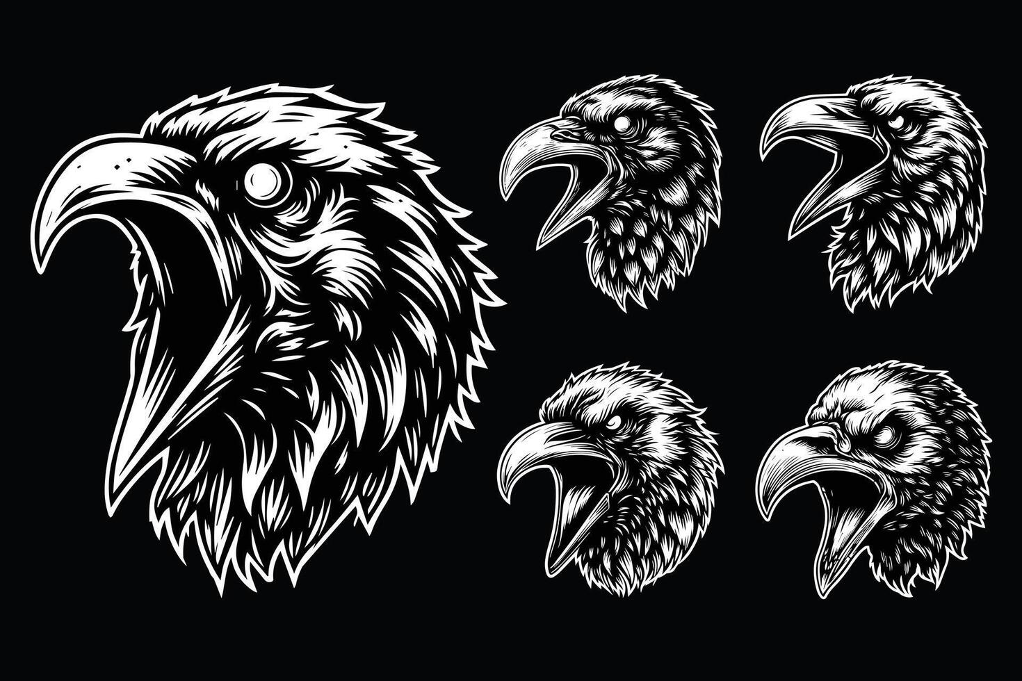 Dark Art Scary Angry Crow Head with Sharp Beak Black and White Illustration vector
