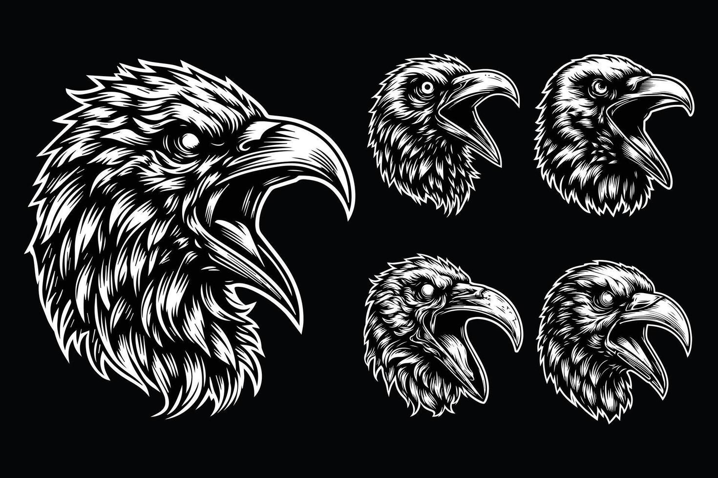 Dark Art Scary Angry Crow Head with Sharp Beak Black and White Illustration vector