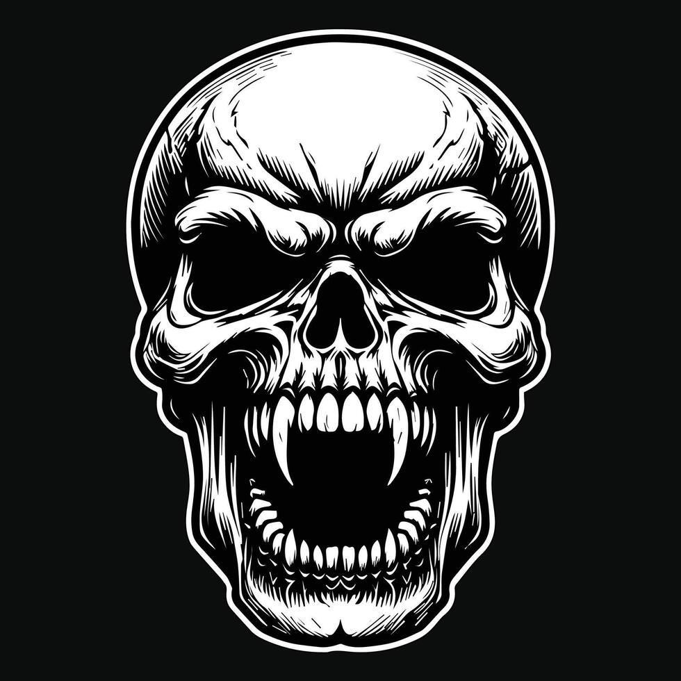 Dark Art Devil Angry Fang Skull Head Black and White Illustration vector