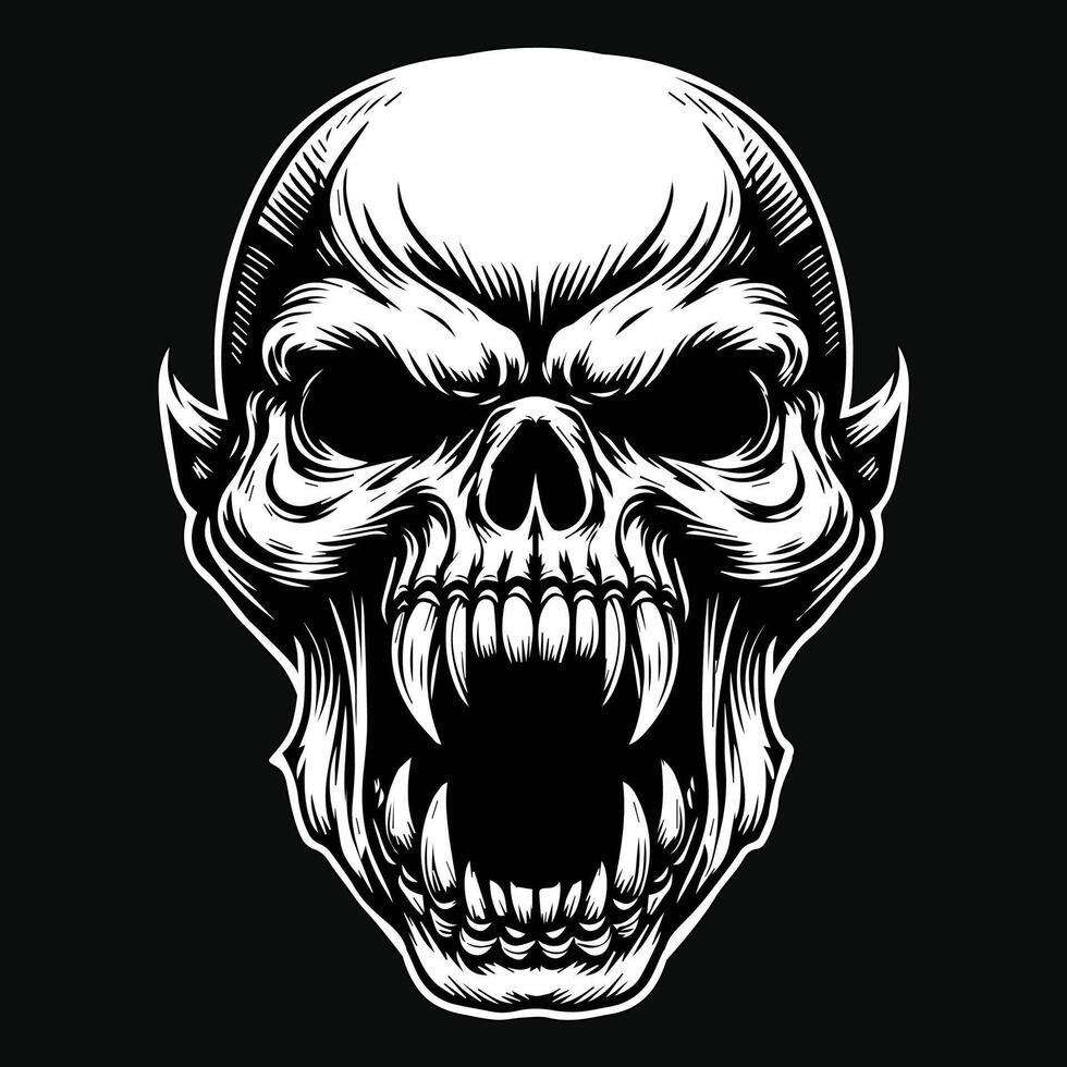 Dark Art Devil Angry Fang Skull Head Black and White Illustration vector