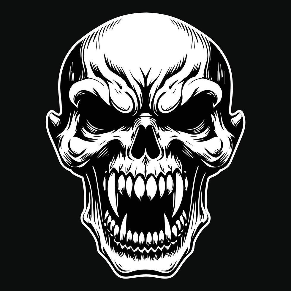 Dark Art Devil Angry Fang Skull Head Black and White Illustration vector