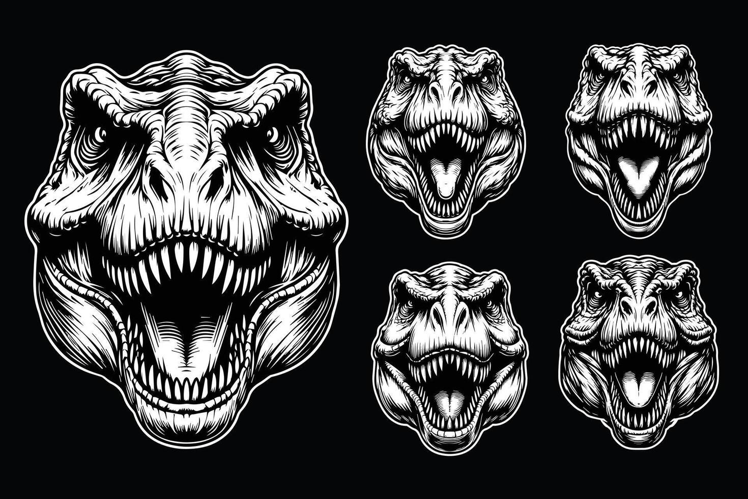 Dark Art Scary Angry Beast Tyrannosaurus Rex Head with Sharp Fang Black and White Illustration vector