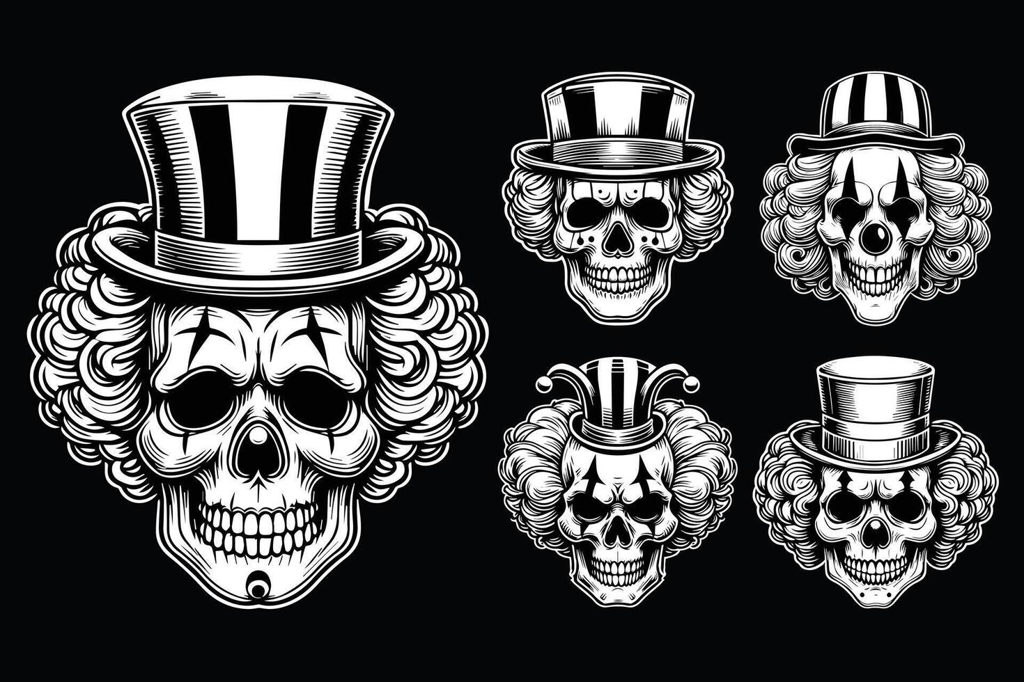 Dark Art Creepy Angry Clown Skull Head with Hat Black and White Illustration vector
