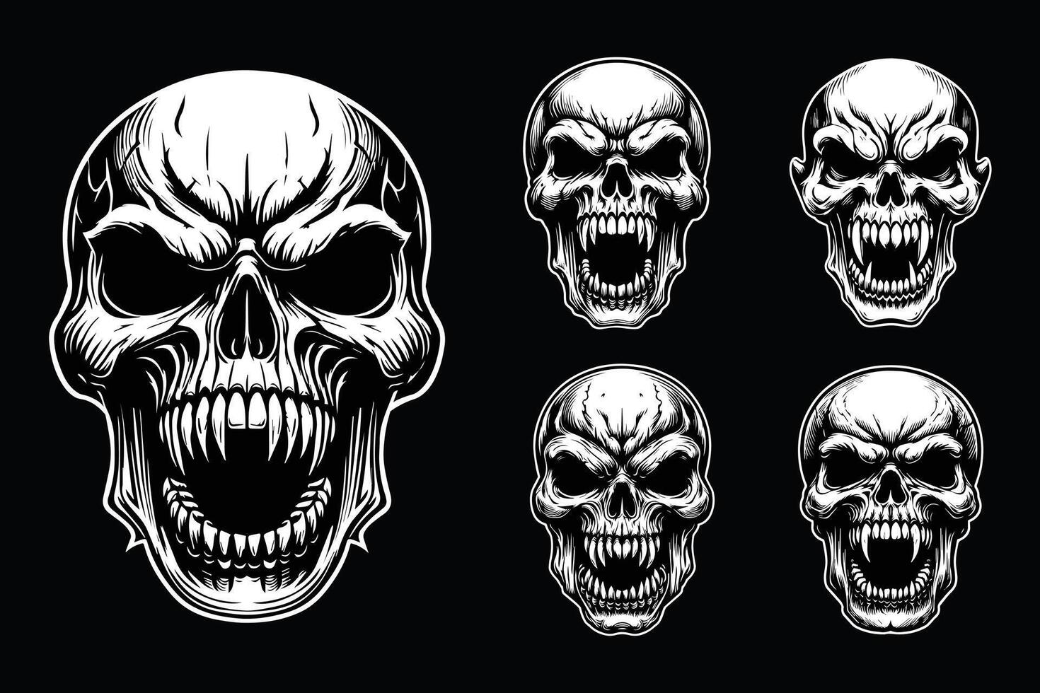 Dark Art Devil Angry Fang Skull Head Black and White Illustration vector