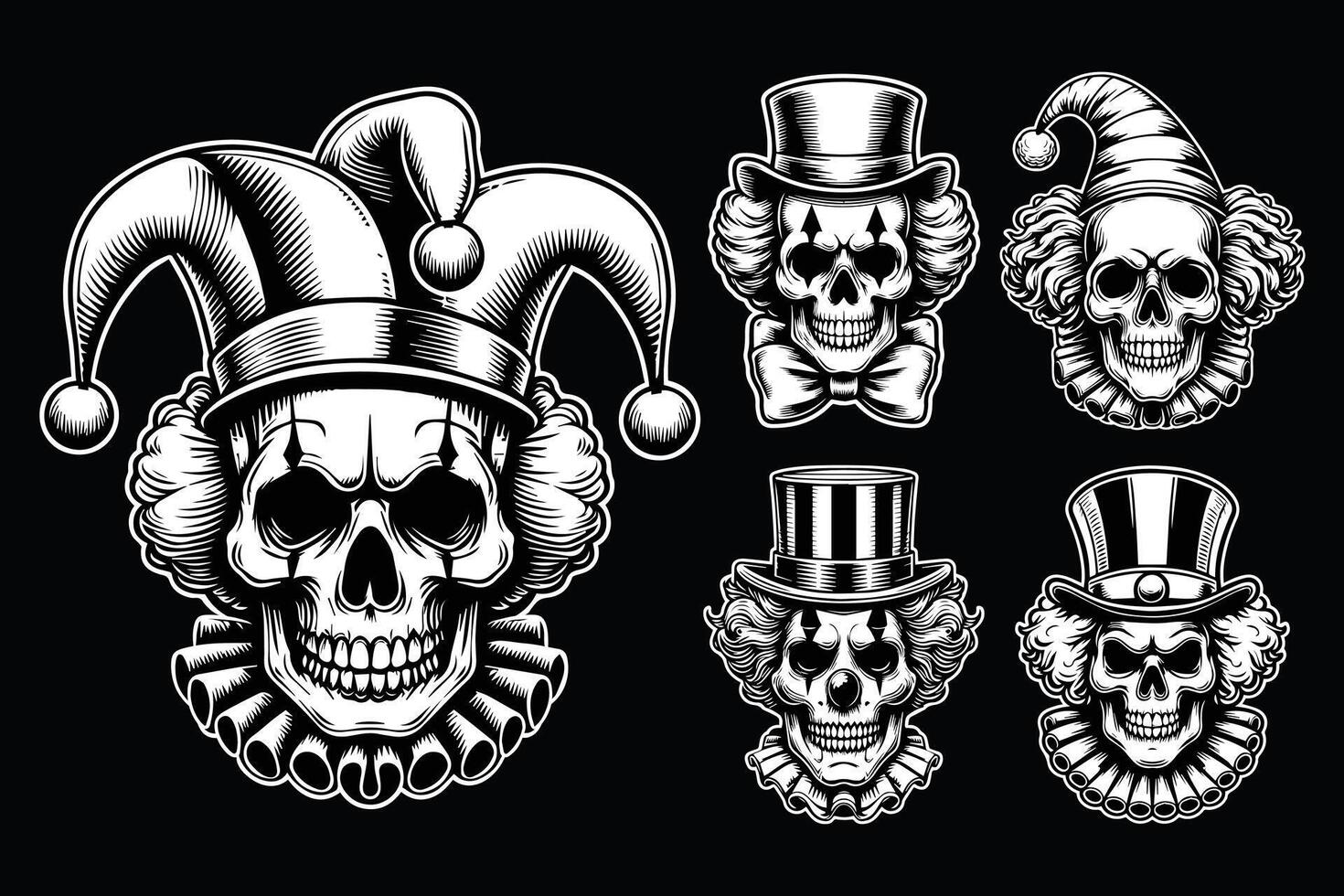 Dark Art Creepy Angry Clown Skull Head with Hat Black and White Illustration vector