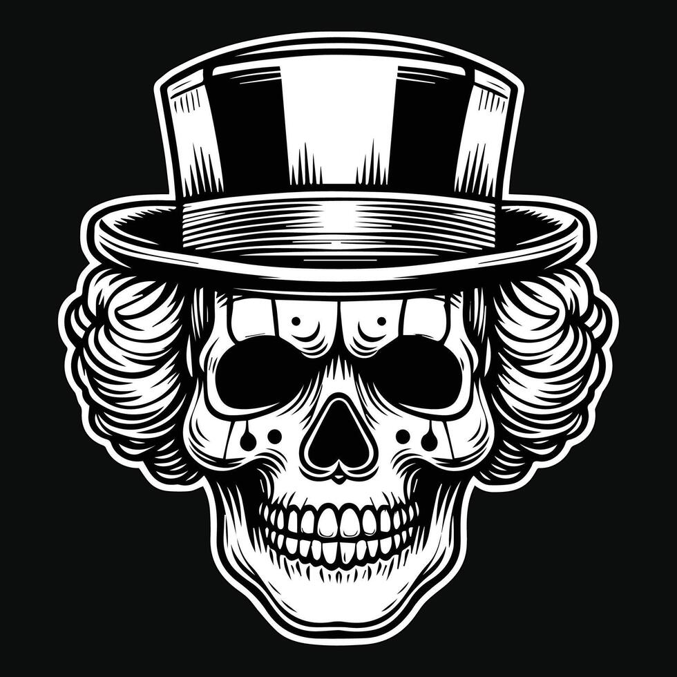 Dark Art Creepy Angry Clown Skull Head with Hat Black and White Illustration vector