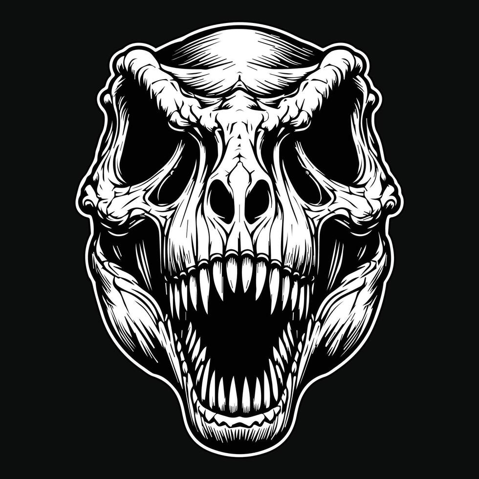 Dark Art Beast Tyrannosaurus Rex Angry Skull Head Black and White Illustration vector