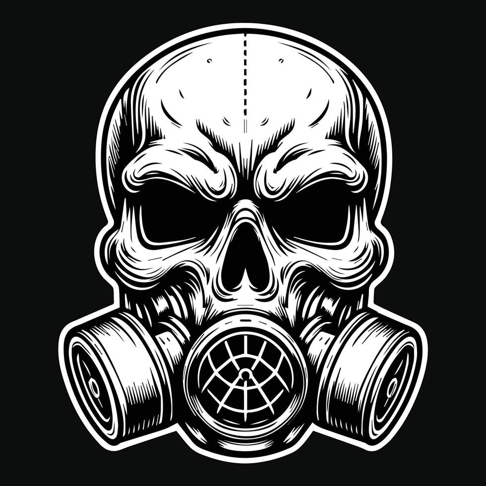 Dark Art Skull Skeleton Head Use Gas Mask Black and White Illustration vector