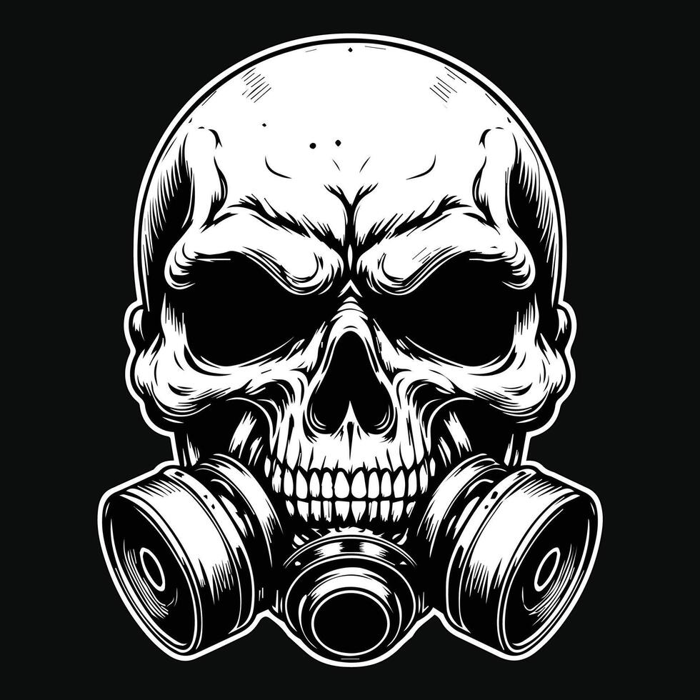 Dark Art Skull Skeleton Head Use Gas Mask Black and White Illustration vector