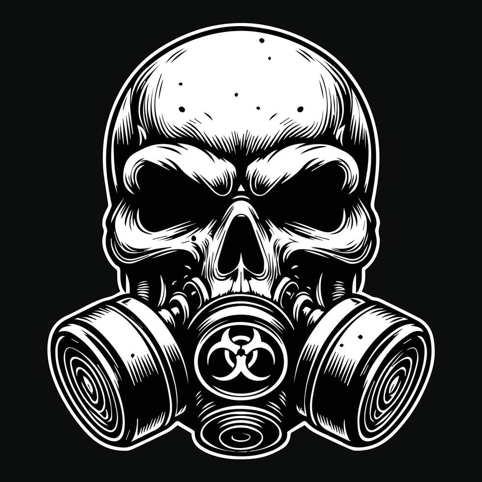 Dark Art Skull Skeleton Head Use Gas Mask Black and White Illustration vector