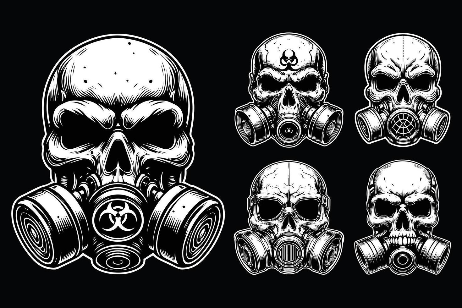Dark Art Skull Skeleton Head Use Gas Mask Black and White Illustration vector