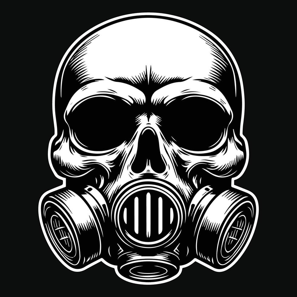 Dark Art Skull Skeleton Head Use Gas Mask Black and White Illustration vector