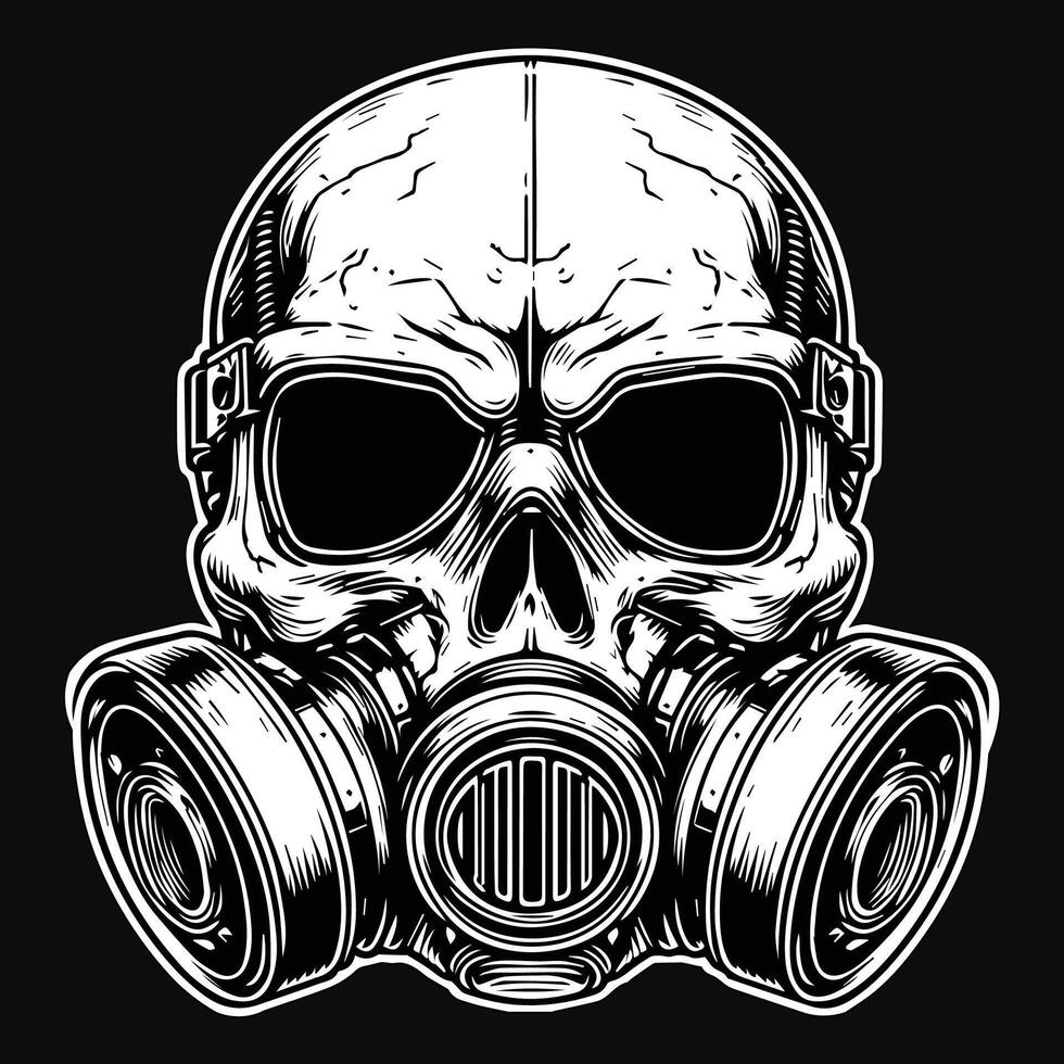 Dark Art Skull Skeleton Head Use Gas Mask Black and White Illustration vector