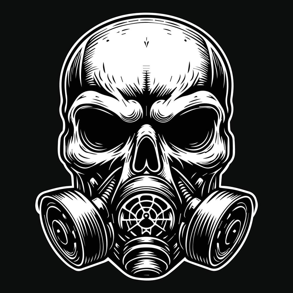 Dark Art Skull Skeleton Head Use Gas Mask Black and White Illustration vector