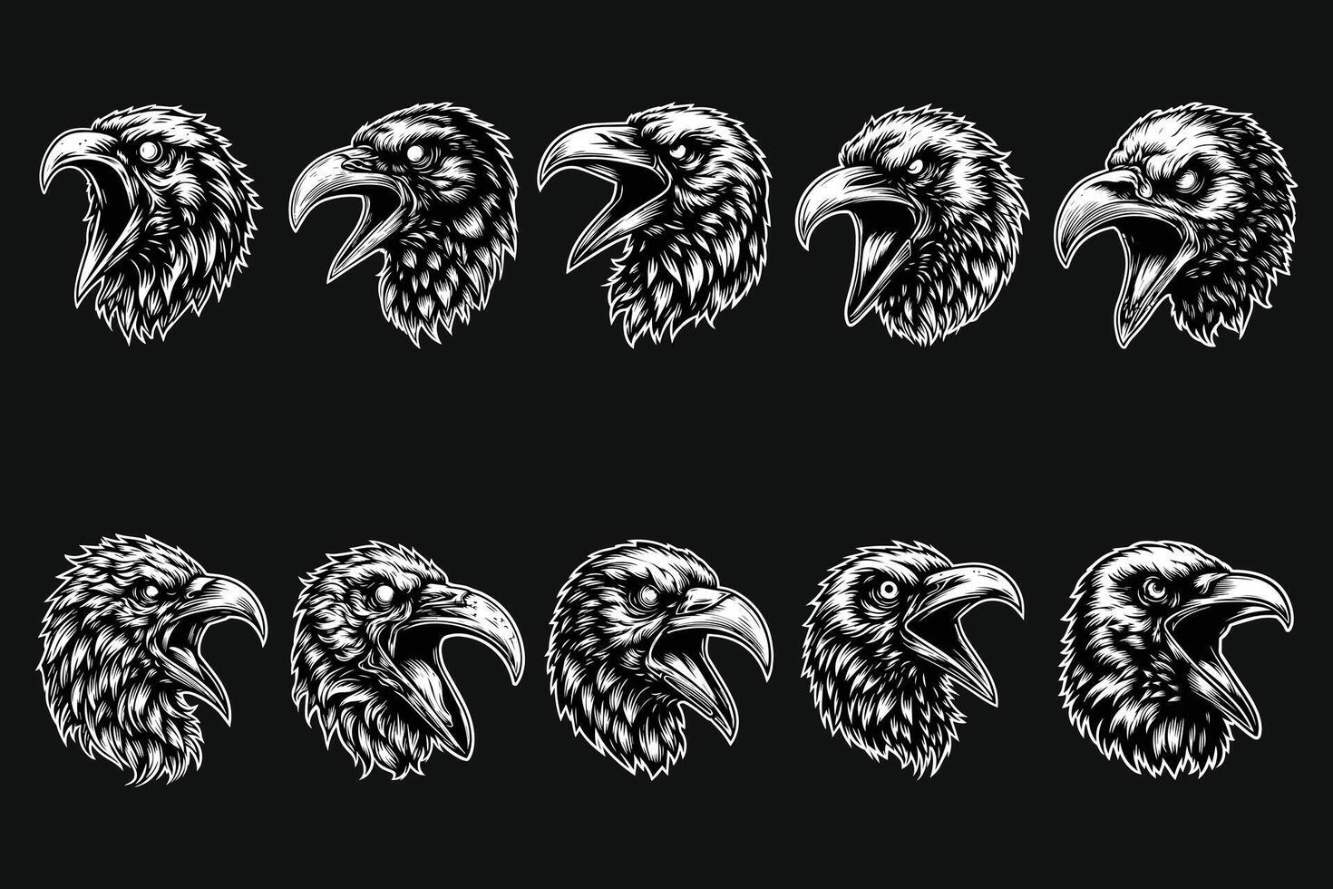 Dark Art Scary Angry Crow Head with Sharp Beak Black and White Illustration vector